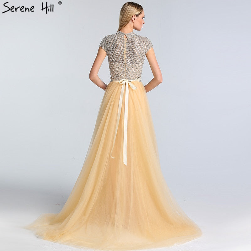 Vestido de noche estilo sirena, sexy, color piel, con escote redondo, mangas cortas y abalorios, estilo Dubái 2025, talla grande LA60777