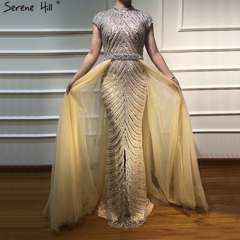 Vestido de noche estilo sirena, sexy, color piel, con escote redondo, mangas cortas y abalorios, estilo Dubái 2025, talla grande LA60777