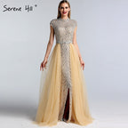 Vestido de noche estilo sirena, sexy, color piel, con escote redondo, mangas cortas y abalorios, estilo Dubái 2025, talla grande LA60777