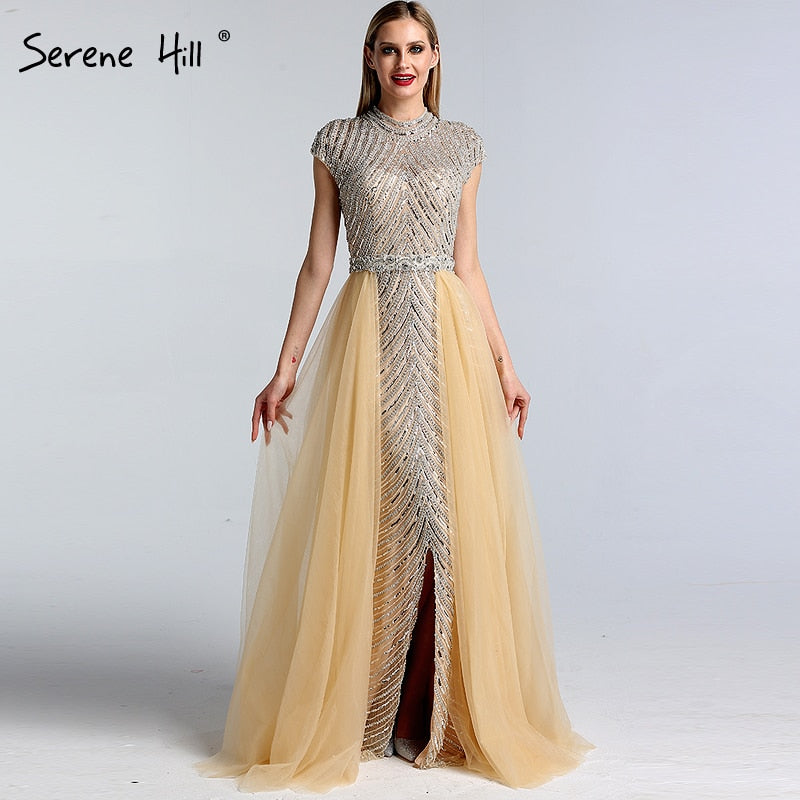 Vestido de noche estilo sirena, sexy, color piel, con escote redondo, mangas cortas y abalorios, estilo Dubái 2025, talla grande LA60777