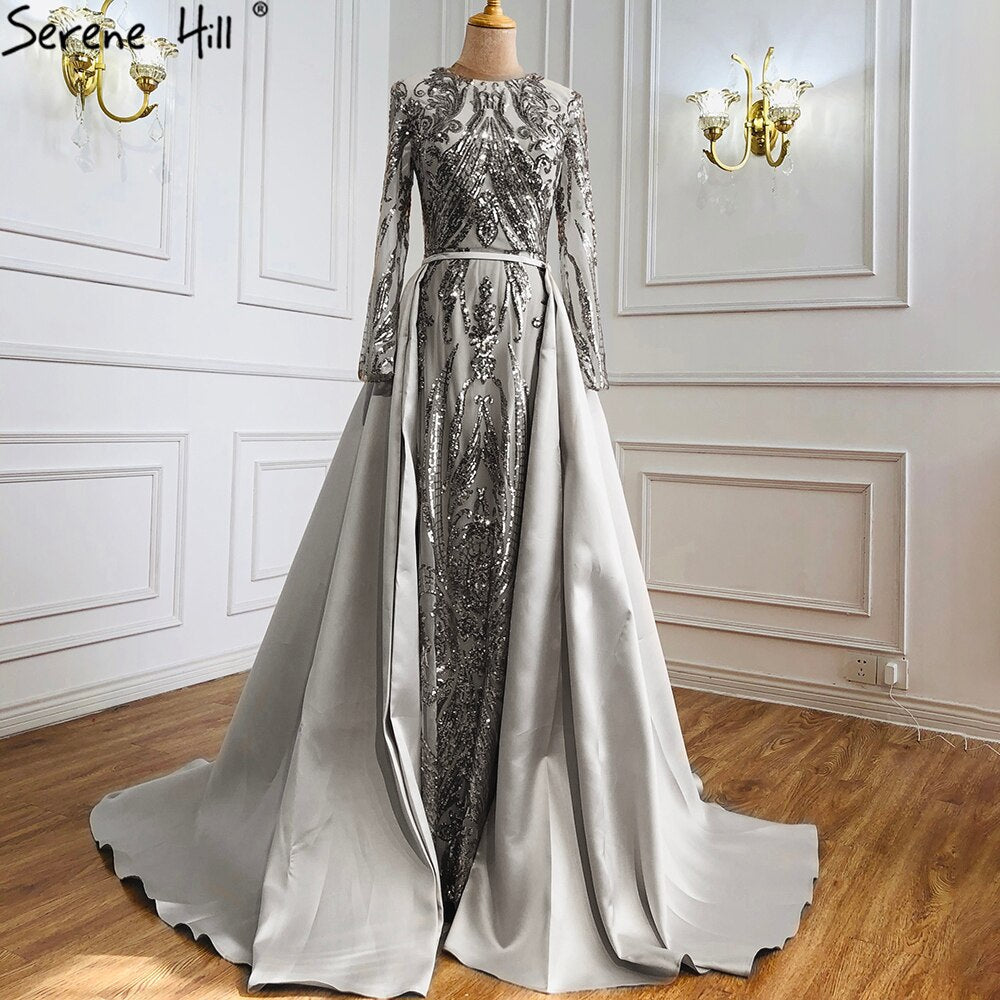 Vestido de noche vintage de sirena de lujo color melocotón de Dubái, con lentejuelas, mangas largas y cola, LA6613 2025 