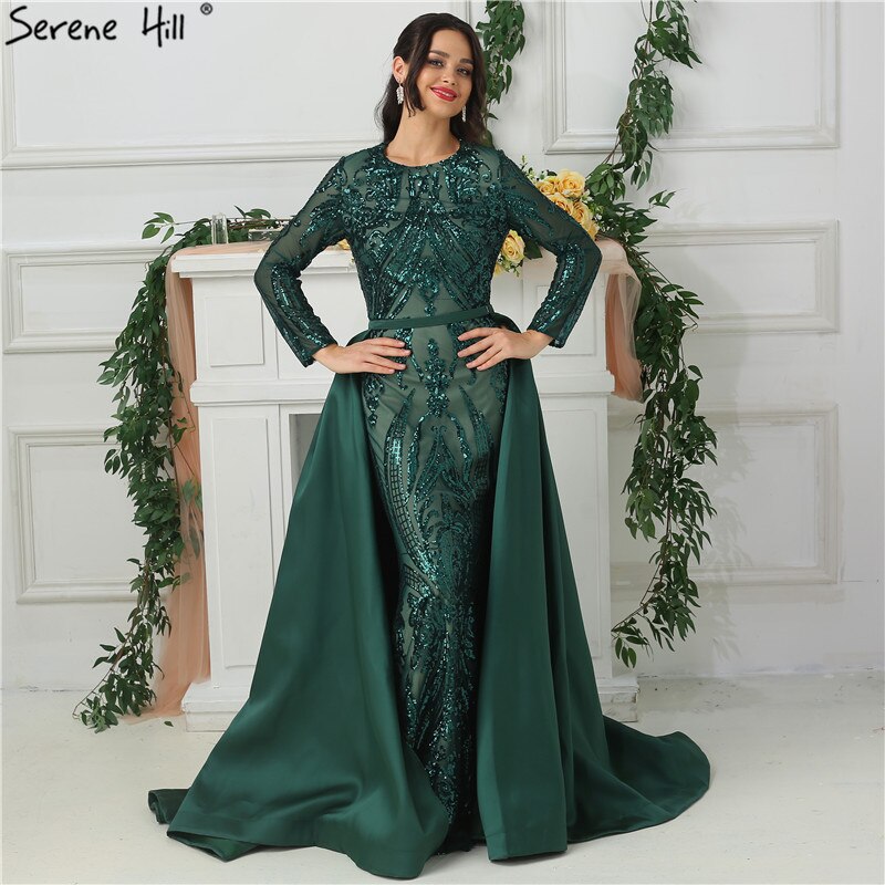 Vestido de noche vintage de sirena de lujo color melocotón de Dubái, con lentejuelas, mangas largas y cola, LA6613 2025 