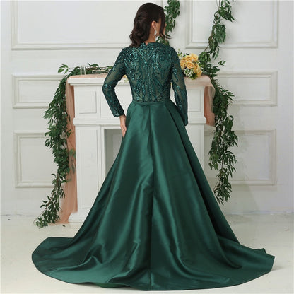 Dubai Peach Luxus Meerjungfrau Vintage Abendkleid Pailletten Lange Ärmel Mit Zug Abendkleider 2025 LA6613 