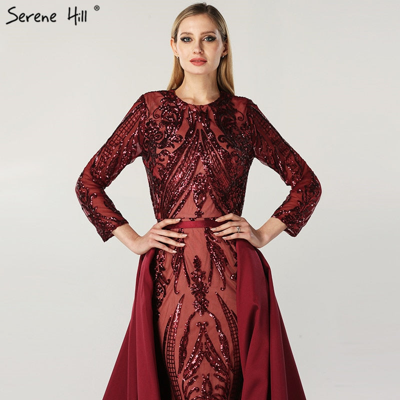 Vestido de noche vintage de sirena de lujo color melocotón de Dubái, con lentejuelas, mangas largas y cola, LA6613 2025 
