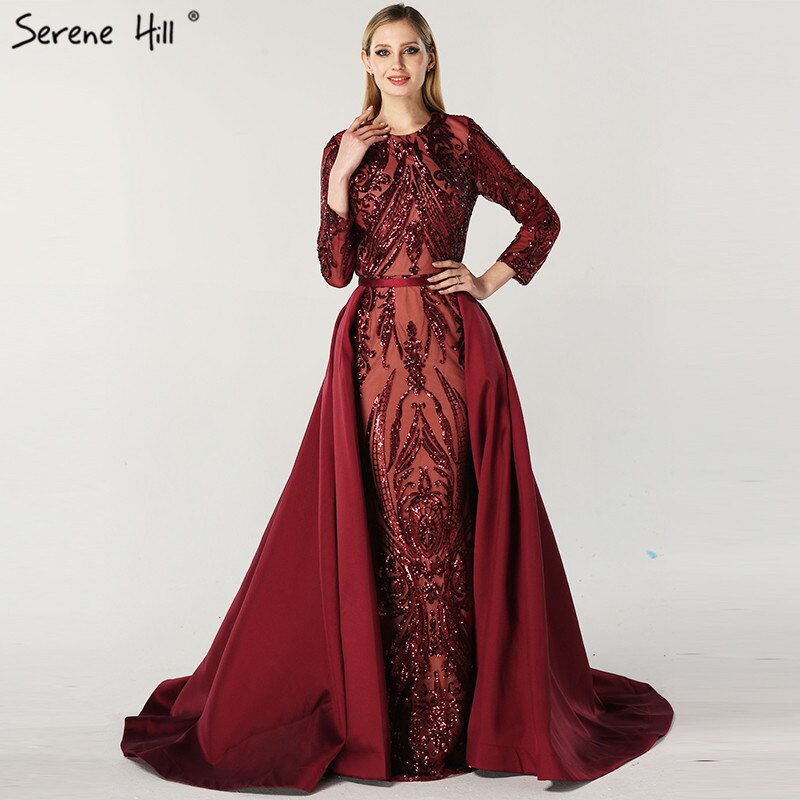 Vestido de noche vintage de sirena de lujo color melocotón de Dubái, con lentejuelas, mangas largas y cola, LA6613 2025 