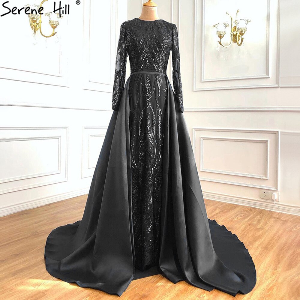 Vestido de noche vintage de sirena de lujo color melocotón de Dubái, con lentejuelas, mangas largas y cola, LA6613 2025 