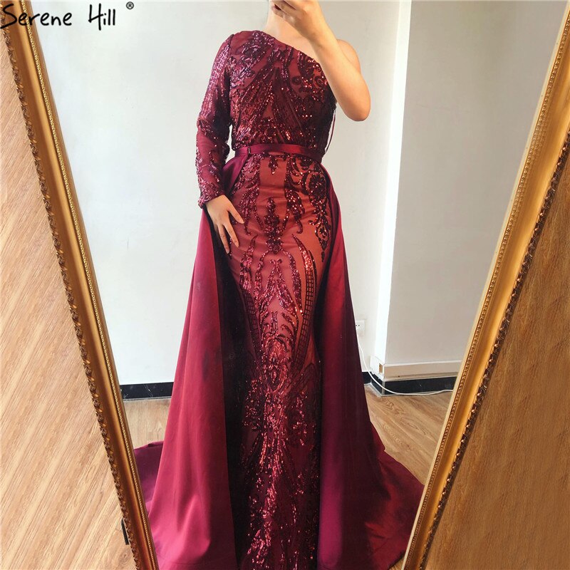 Vestido de noche vintage de sirena de lujo color melocotón de Dubái, con lentejuelas, mangas largas y cola, LA6613 2025 