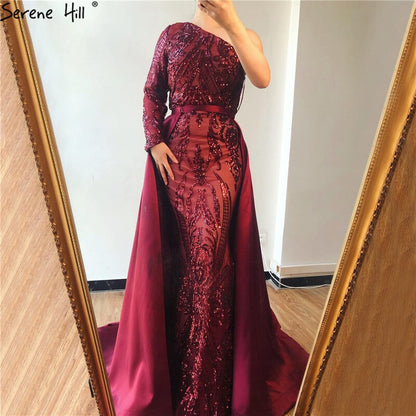 Dubai Peach Luxus Meerjungfrau Vintage Abendkleid Pailletten Lange Ärmel Mit Zug Abendkleider 2025 LA6613 