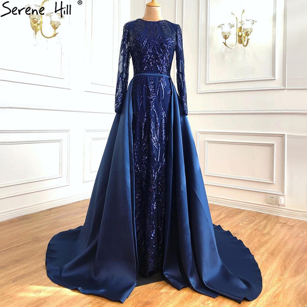 Vestido de noche vintage de sirena de lujo color melocotón de Dubái, con lentejuelas, mangas largas y cola, LA6613 2025 