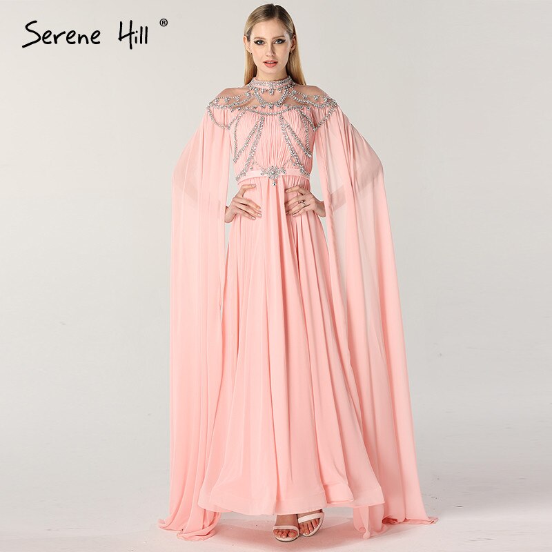Zum Verkauf Keine Rückgabe Keine Rückerstattung Dubai Rosa Stehkragen Chiffon Abendkleider Design Diamant Ärmellose Strand Abendkleider 2025 LA60736 