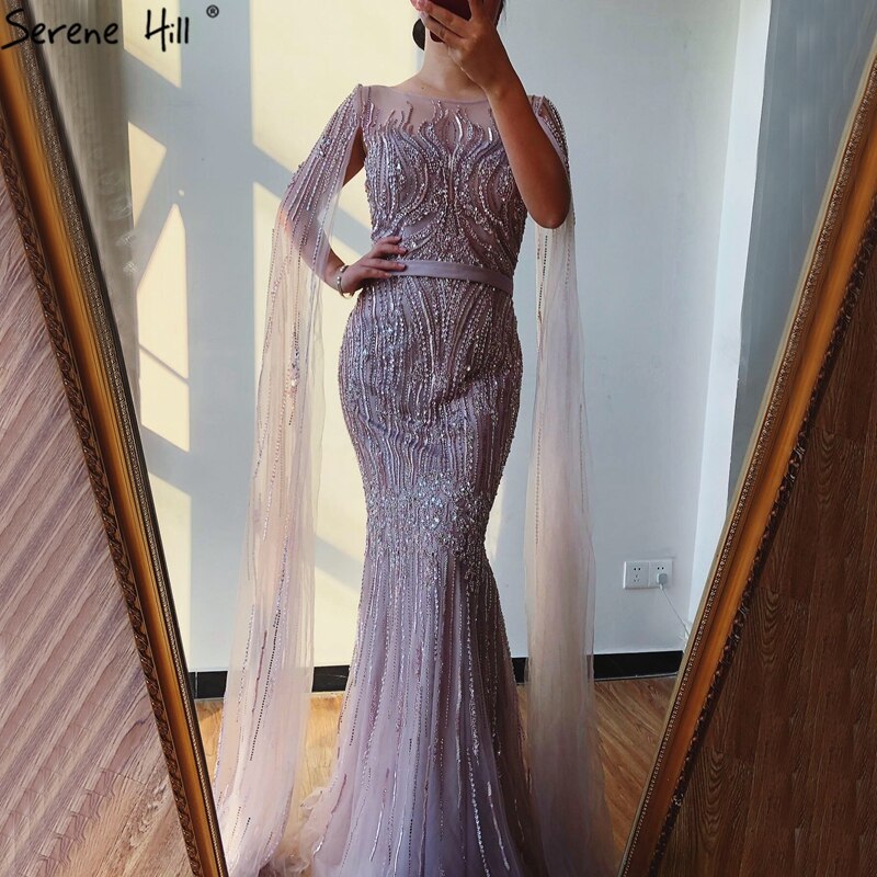 Vestidos de noche de lujo de Dubái, color rosa, con mangas largas, sirena, lentejuelas y abalorios, sexys, LA70160 