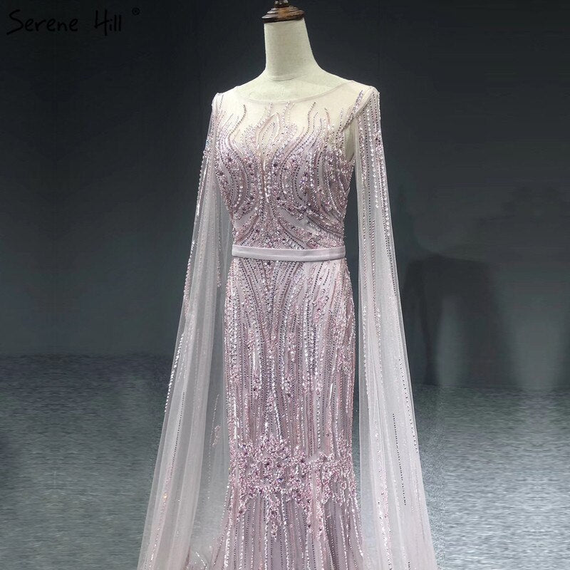 Vestidos de noche de lujo de Dubái, color rosa, con mangas largas, sirena, lentejuelas y abalorios, sexys, LA70160 