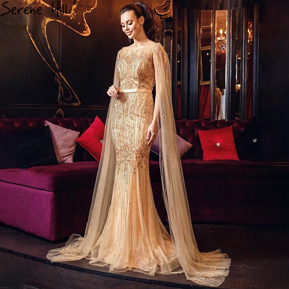 Vestidos de noche de lujo de Dubái, color rosa, con mangas largas, sirena, lentejuelas y abalorios, sexys, LA70160 