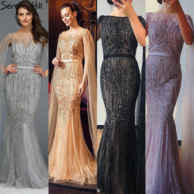 Vestidos de noche de lujo de Dubái, color rosa, con mangas largas, sirena, lentejuelas y abalorios, sexys, LA70160 