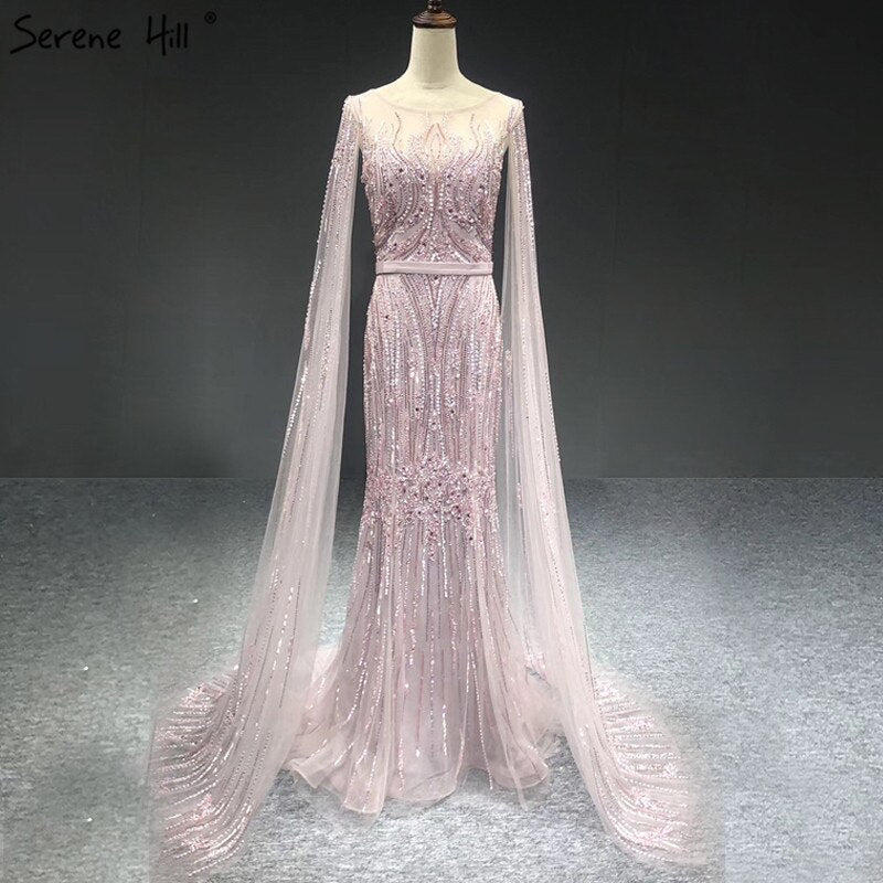 Vestidos de noche de lujo de Dubái, color rosa, con mangas largas, sirena, lentejuelas y abalorios, sexys, LA70160 