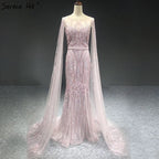 Vestidos de noche de lujo de Dubái, color rosa, con mangas largas, sirena, lentejuelas y abalorios, sexys, LA70160 