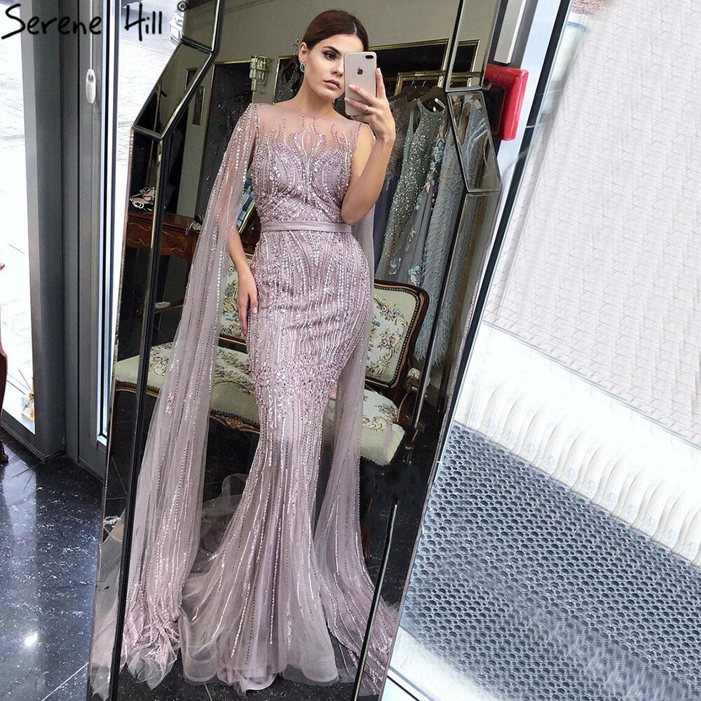 Vestidos de noche de lujo de Dubái, color rosa, con mangas largas, sirena, lentejuelas y abalorios, sexys, LA70160 