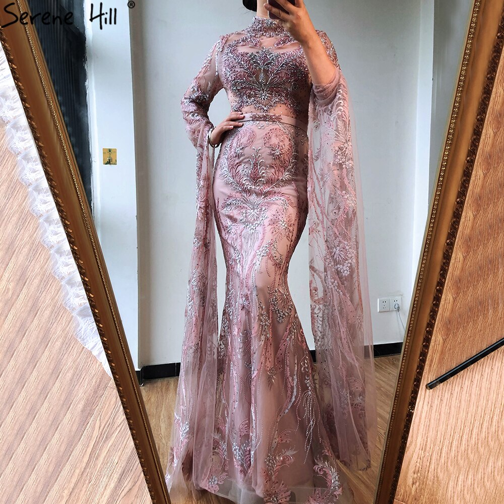 Vestido de noche de lujo estilo sirena rosa de Dubái 2025, manga larga, con cuentas de cristal, vestido formal LA70595 