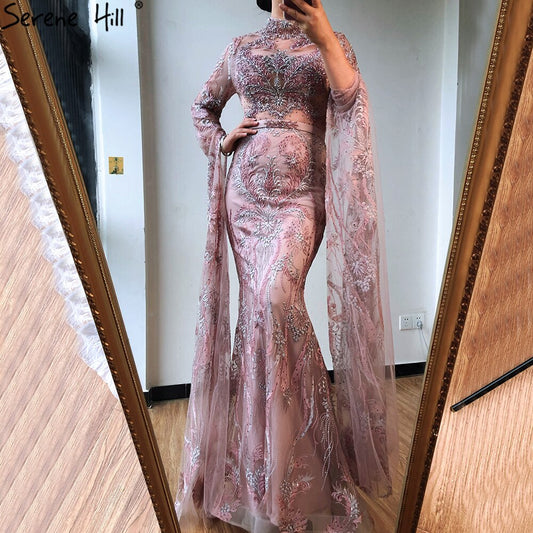 Dubai Rosa Meerjungfrau Luxus Abendkleider 2025 Lange Ärmel Kristall Perlen Formale Kleid LA70595 