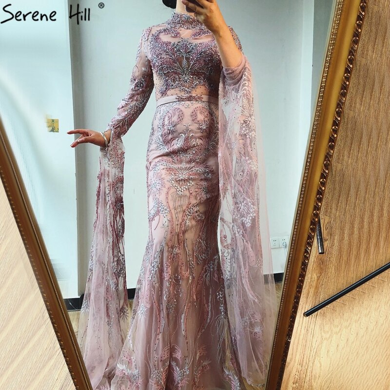 Vestido de noche de lujo estilo sirena rosa de Dubái 2025, manga larga, con cuentas de cristal, vestido formal LA70595 