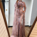 Vestido de noche de lujo estilo sirena rosa de Dubái 2025, manga larga, con cuentas de cristal, vestido formal LA70595 