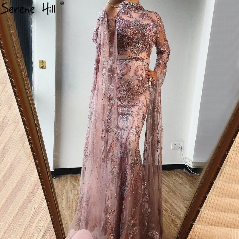 Vestido de noche de lujo estilo sirena rosa de Dubái 2025, manga larga, con cuentas de cristal, vestido formal LA70595 