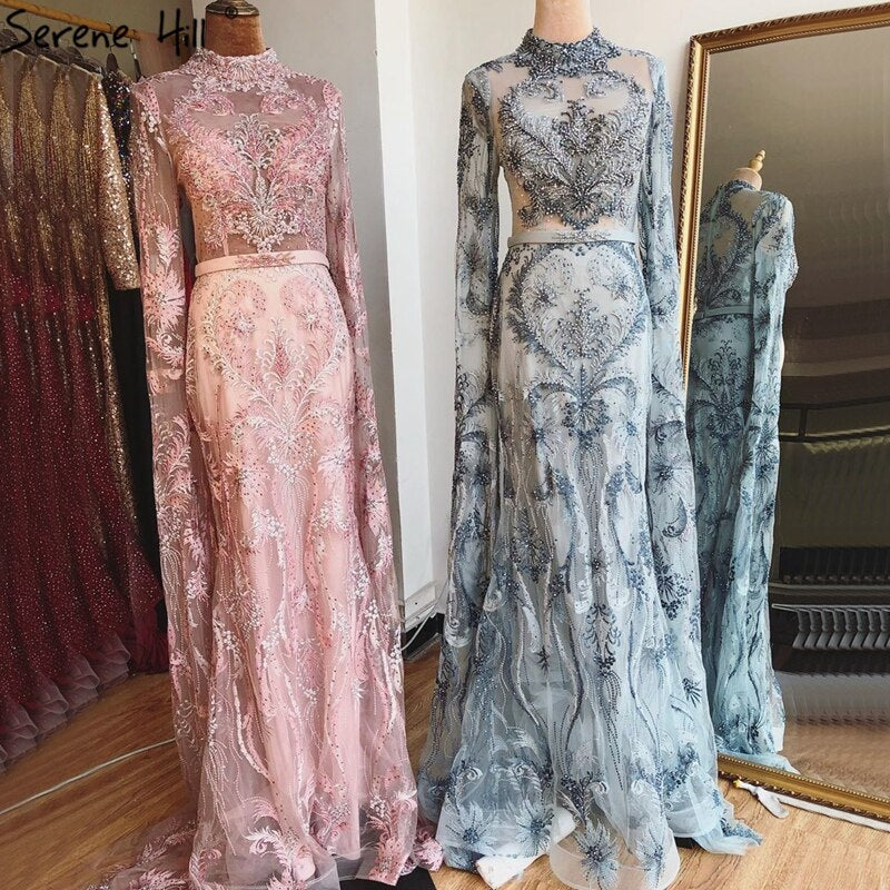 Vestido de noche de lujo estilo sirena rosa de Dubái 2025, manga larga, con cuentas de cristal, vestido formal LA70595 