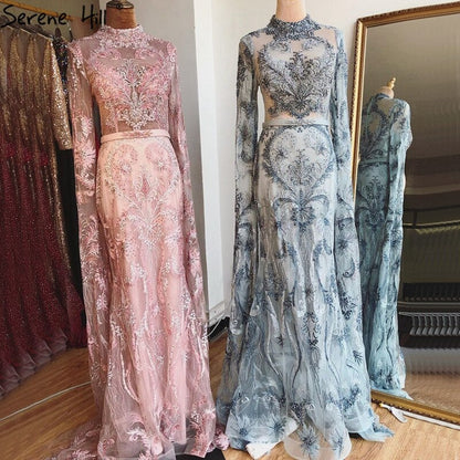 Dubai Rosa Meerjungfrau Luxus Abendkleider 2025 Lange Ärmel Kristall Perlen Formale Kleid LA70595 