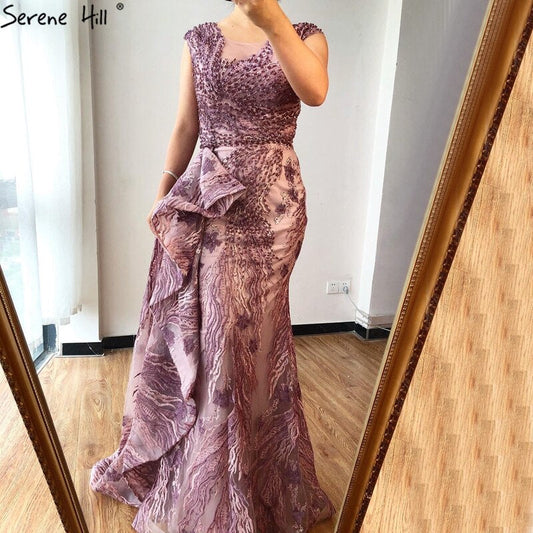 Dubai Rosa Meerjungfrau Ärmellose Abendkleider High-end O-ansatz Perlen Spitze Party Kleider 2025 LA70669 