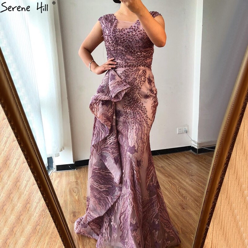 Vestidos de noche de sirena rosa de Dubái sin mangas, de alta gama, con cuello redondo, encaje y cuentas, vestidos de fiesta 2025 LA70669 