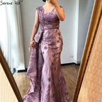 Vestidos de noche de sirena rosa de Dubái sin mangas, de alta gama, con cuello redondo, encaje y cuentas, vestidos de fiesta 2025 LA70669 