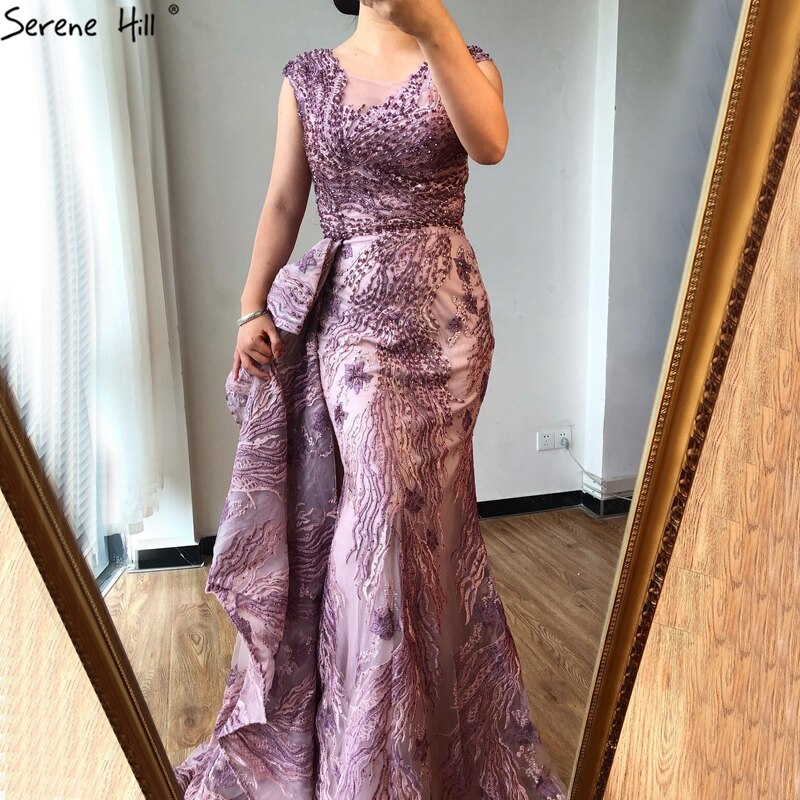 Vestidos de noche de sirena rosa de Dubái sin mangas, de alta gama, con cuello redondo, encaje y cuentas, vestidos de fiesta 2025 LA70669 