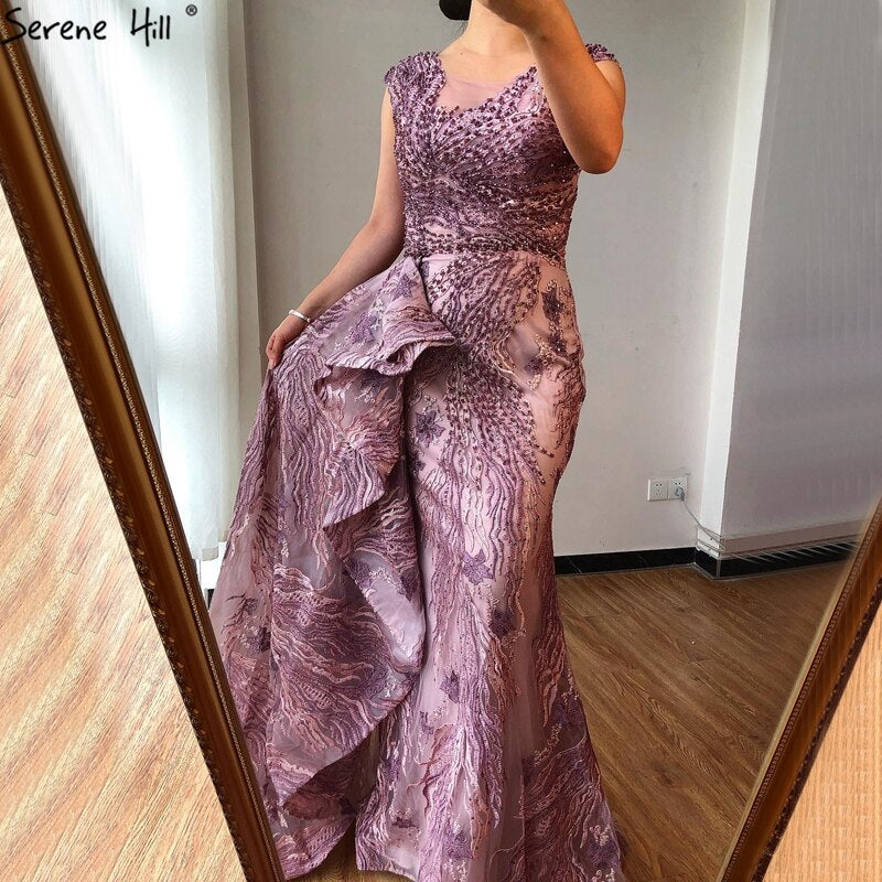 Vestidos de noche de sirena rosa de Dubái sin mangas, de alta gama, con cuello redondo, encaje y cuentas, vestidos de fiesta 2025 LA70669 