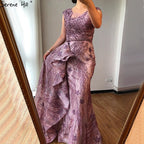 Vestidos de noche de sirena rosa de Dubái sin mangas, de alta gama, con cuello redondo, encaje y cuentas, vestidos de fiesta 2025 LA70669 