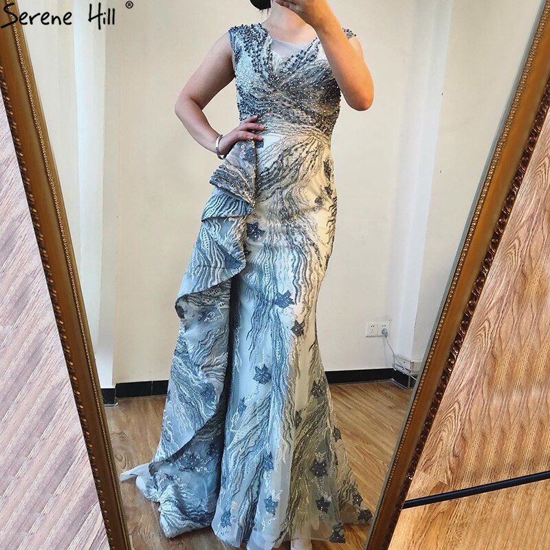 Vestidos de noche de sirena rosa de Dubái sin mangas, de alta gama, con cuello redondo, encaje y cuentas, vestidos de fiesta 2025 LA70669 
