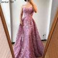 Vestidos de noche de encaje sexys sin tirantes, color rosa de Dubái, 2025, estilo sirena, hombros descubiertos, con cristales, foto real LA70186