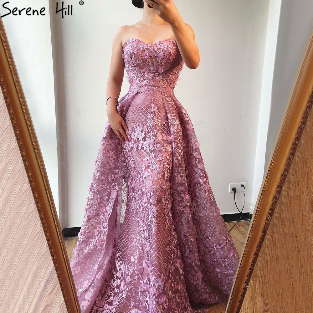 Vestidos de noche de encaje sexys sin tirantes, color rosa de Dubái, 2025, estilo sirena, hombros descubiertos, con cristales, foto real LA70186