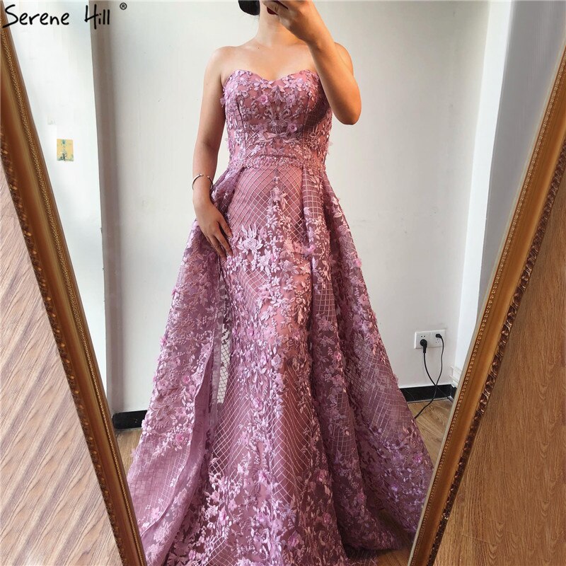 Vestidos de noche de encaje sexys sin tirantes, color rosa de Dubái, 2025, estilo sirena, hombros descubiertos, con cristales, foto real LA70186