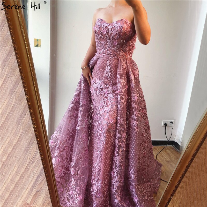Vestidos de noche de encaje sexys sin tirantes, color rosa de Dubái, 2025, estilo sirena, hombros descubiertos, con cristales, foto real LA70186