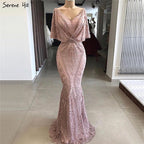 Vestidos de noche de encaje con perlas y escote en V en color rosa de Dubái 2025, corte sirena, sexys, elegantes y formales, LA70156