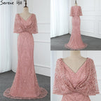 Vestidos de noche de encaje con perlas y escote en V en color rosa de Dubái 2025, corte sirena, sexys, elegantes y formales, LA70156