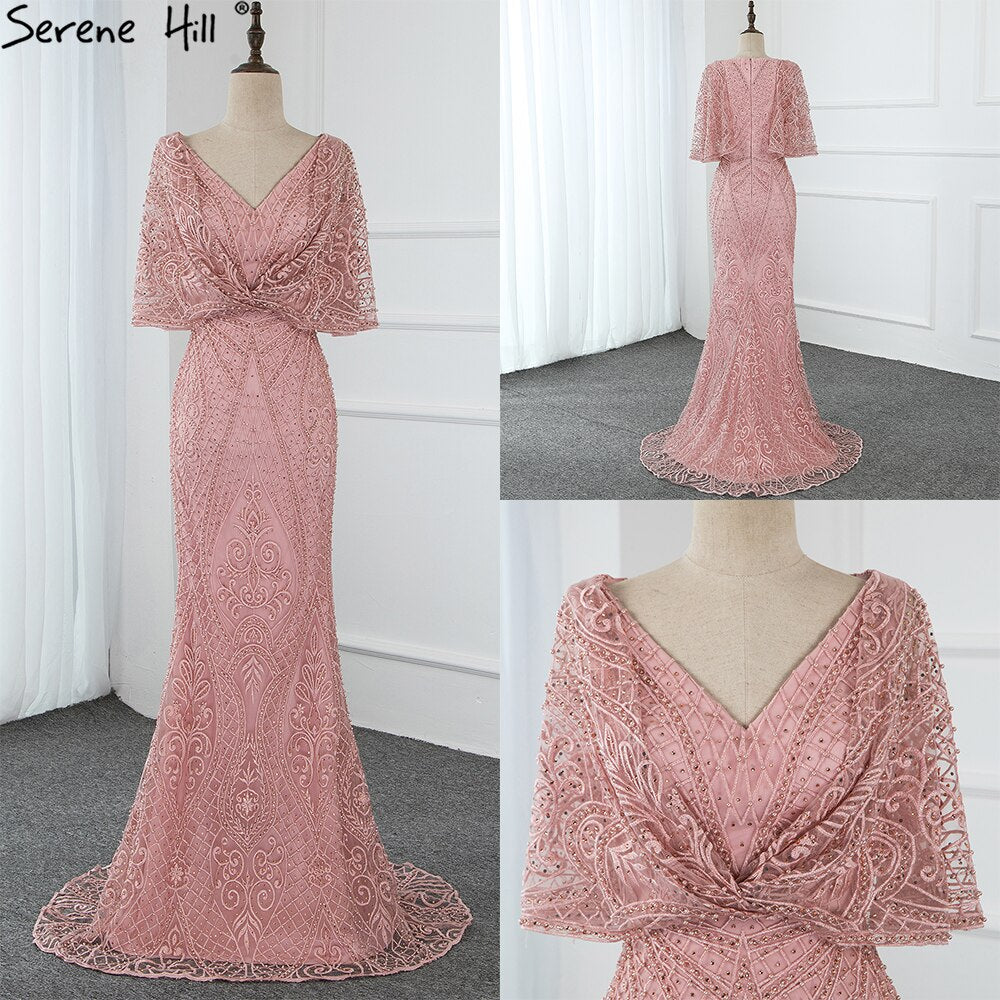 Vestidos de noche de encaje con perlas y escote en V en color rosa de Dubái 2025, corte sirena, sexys, elegantes y formales, LA70156