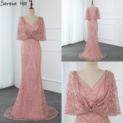 Dubai Rosa V-ausschnitt Perlen Spitze Abendkleider 2025 Halbarm Meerjungfrau Sexy Elegante Formale Abendkleider LA70156 