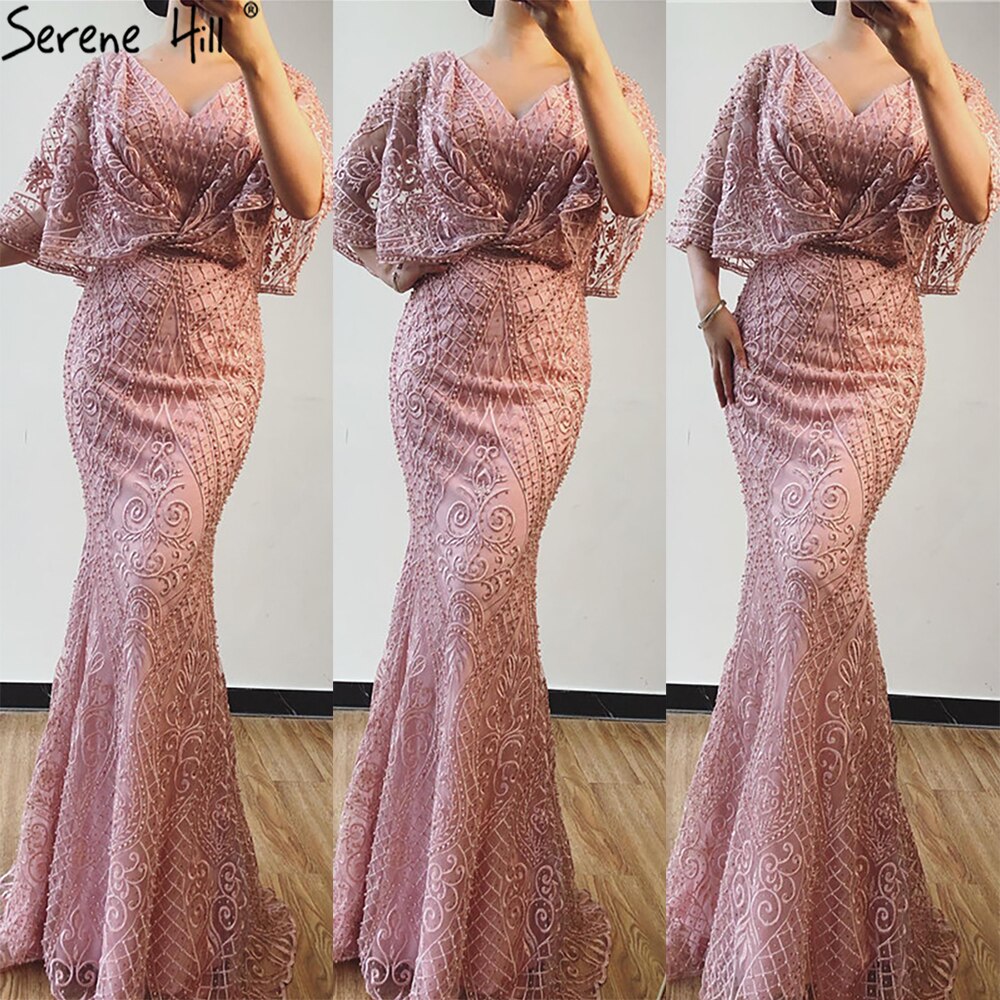 Vestidos de noche de encaje con perlas y escote en V en color rosa de Dubái 2025, corte sirena, sexys, elegantes y formales, LA70156