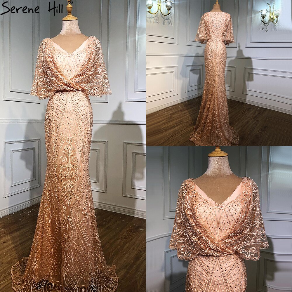 Vestidos de noche de encaje con perlas y escote en V en color rosa de Dubái 2025, corte sirena, sexys, elegantes y formales, LA70156
