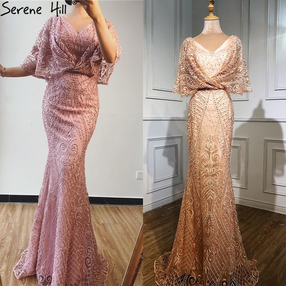 Vestidos de noche de encaje con perlas y escote en V en color rosa de Dubái 2025, corte sirena, sexys, elegantes y formales, LA70156