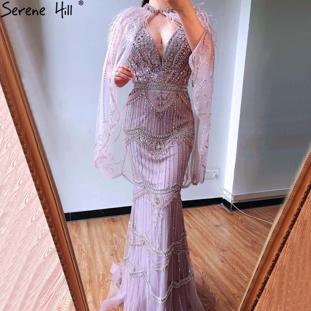 Vestido de noche sexy estilo sirena con escote en V morado de Dubái 2025, sin mangas, con chal, hilo y plumas, vestido formal LA70171A 
