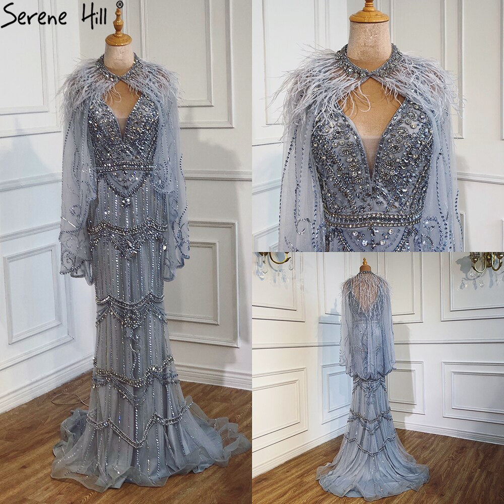 Vestido de noche sexy estilo sirena con escote en V morado de Dubái 2025, sin mangas, con chal, hilo y plumas, vestido formal LA70171A 
