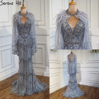 Vestido de noche sexy estilo sirena con escote en V morado de Dubái 2025, sin mangas, con chal, hilo y plumas, vestido formal LA70171A 
