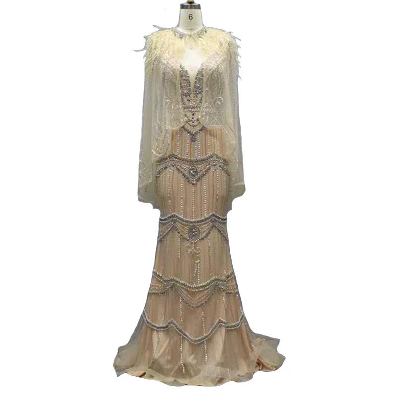 Vestido de noche sexy estilo sirena con escote en V morado de Dubái 2025, sin mangas, con chal, hilo y plumas, vestido formal LA70171A 